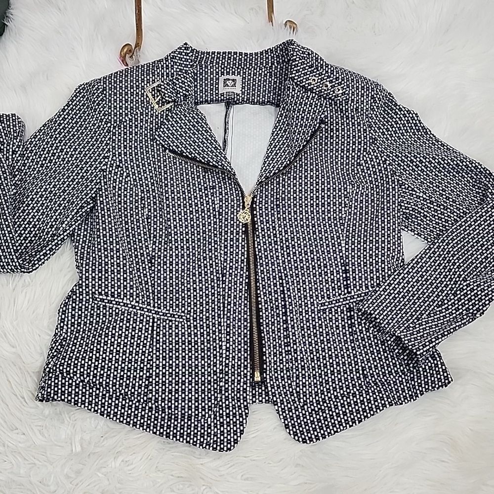 Anne Klein Black & White Tweed Zip-Front Blazer